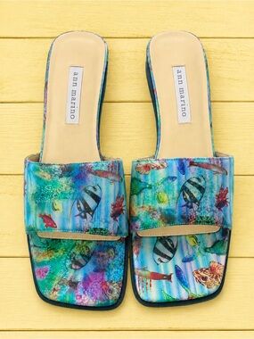 90’s vintage Ann Marino slide heels holographic aquarium fish print shoes 8.5